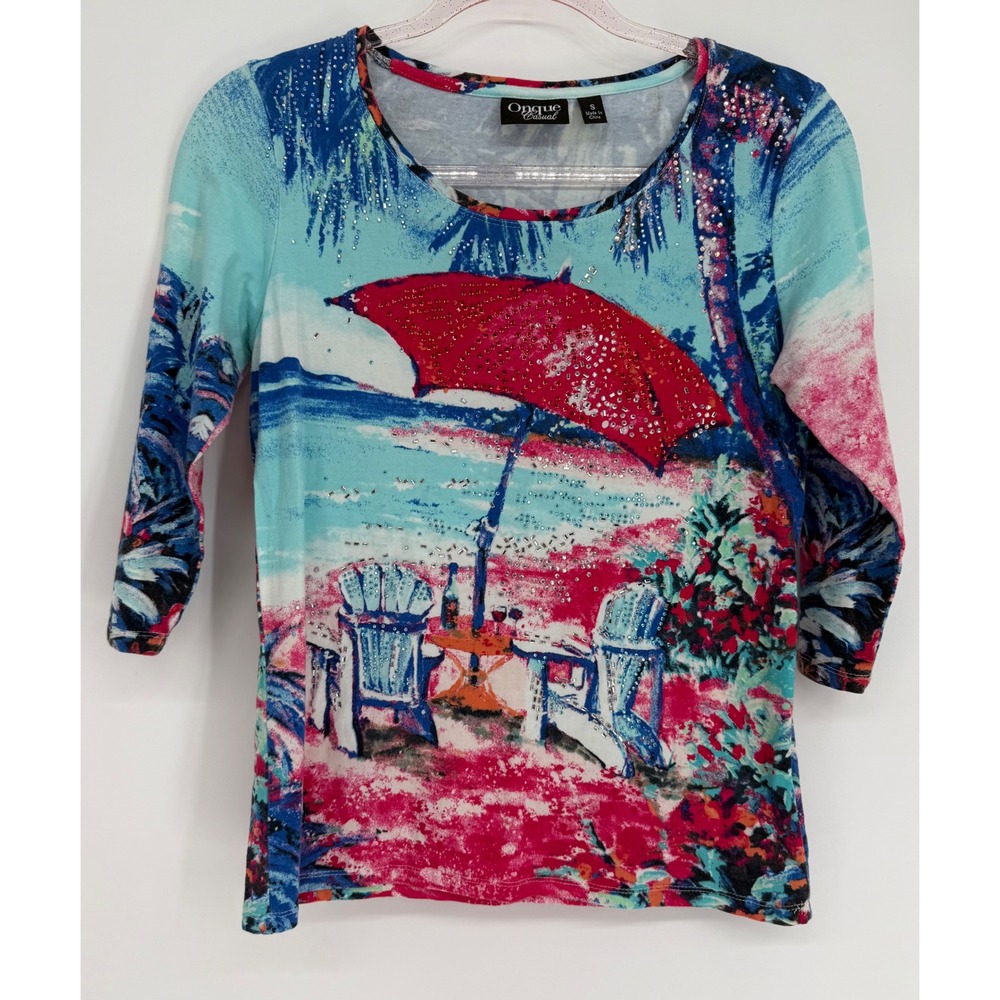 Onque Casual Womens Blue Pink Beach Scene Rhinestone 3/4 Sleeve Top Sz S